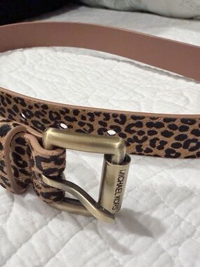Michael Kors New Leopard-Print Leather Belt with Antique Gold Buckle